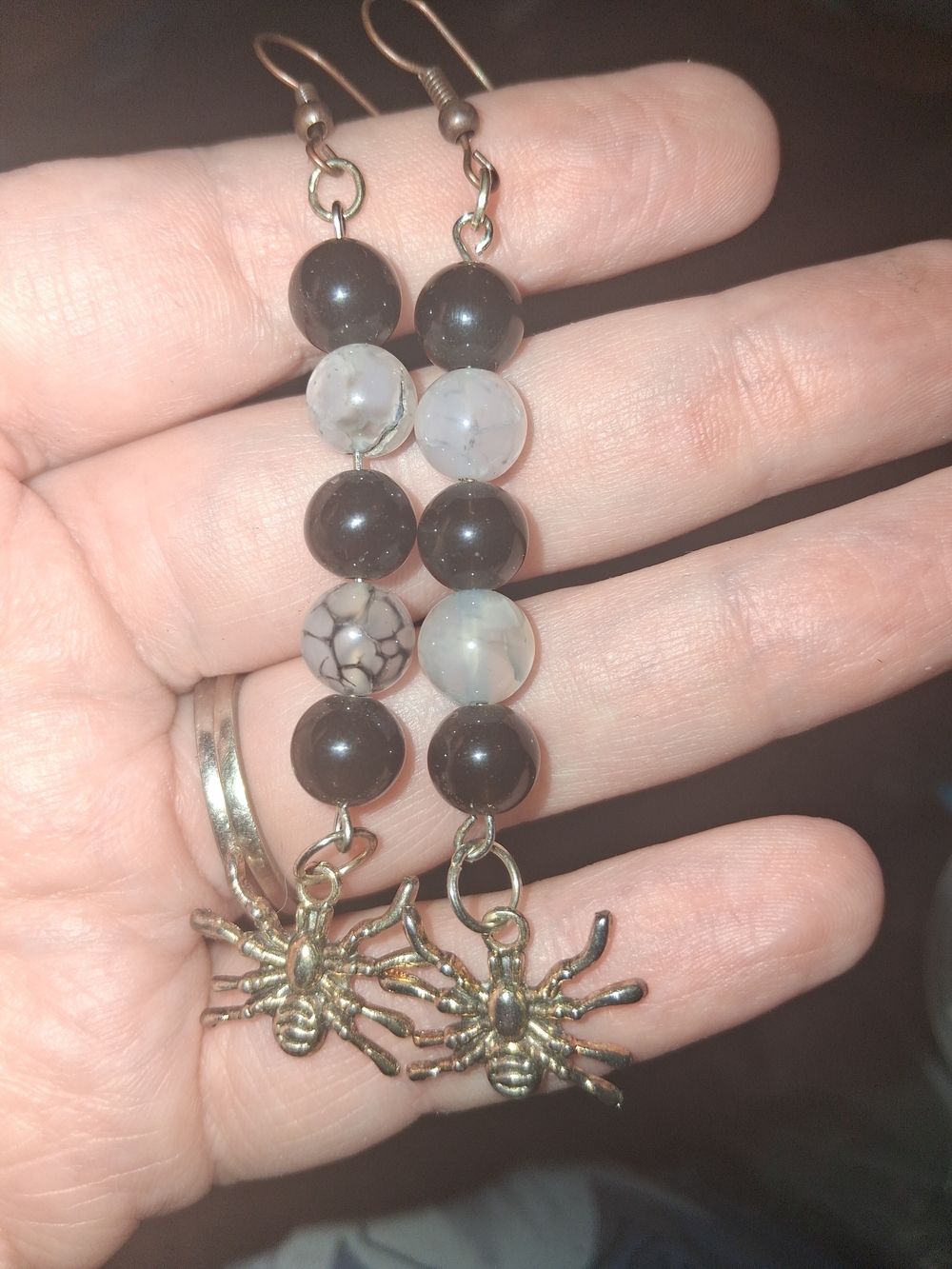 Brown and Cream Beaded Dangle Earrings with Spider Charms